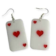 These adorable heart suit playing card earrings would make the perfect cosplay or costume accessory. Make your outfit unique and make a bold statement rocking these. Bring them to the next girls' game night or gift them to any card lover. Easy laser cut and engrave. Use a red acrylic paint pen to color the hearts in white acrylic. Different suits to come. Valentine's Day Themed Heart Jewelry, Valentine's Day Heart Shaped Themed Jewelry, Valentine's Day Heart-shaped Themed Jewelry, Perfect Cosplay, Card Earrings, Outfits Unique, Acrylic Paint Pens, Casino Poker, Catalog Design