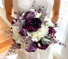 Dark plum and white bouquet. Bridal size. The stems are wrapped in white satin ribbon. The flower variety are roses, dahlias and hydrangeas. It is accented with artificial purple eucalyptus and pussywillow. Wisteria Purple, Peony Bouquet Wedding, Plum Wedding, Silk Wedding Bouquets, Beach Wedding Flowers, Purple Bouquet, Rustic Bouquet, Unique Wedding Flowers