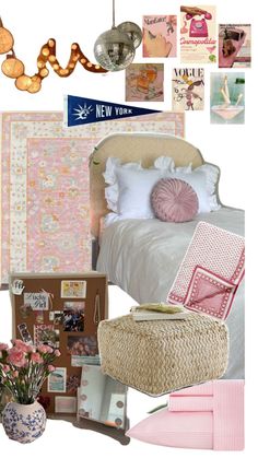 a collage of pink and white items including a bed, lamp, pillows, rugs