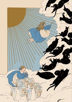 an illustration of a woman surrounded by black cats and flying over her head, in the sky