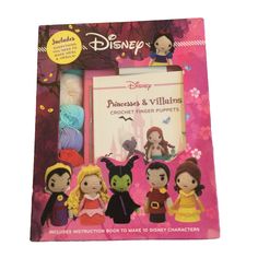 disney princesses and villain crochet finger puppets in box with instructions to make 10 different characters