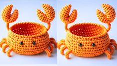 two pictures of an orange crocheted basket with a crab on the front and side