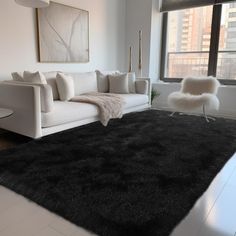 a living room filled with furniture and a black rug on top of a hard wood floor