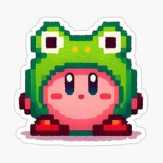 a pixel art sticker with a green frog wearing a red hat and glasses on it's head