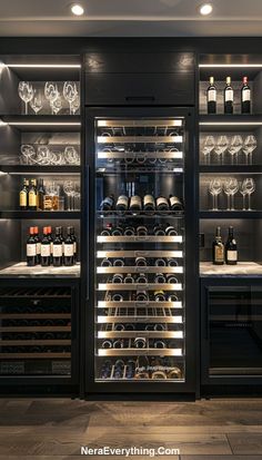 the wine cellar is stocked with many bottles and glasses