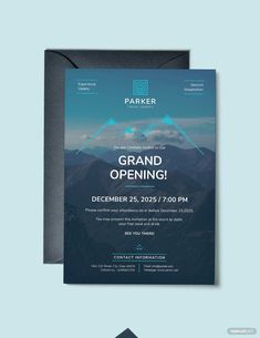 a flyer for an event with mountains in the background and text that reads grand opening