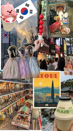 a collage of pictures with food, buildings and people in the background including an ice cream cone