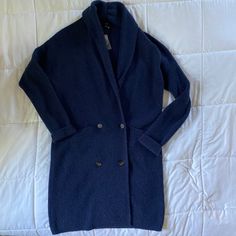 J. Crew Navy Cowl Neck Long Cardigan Sweater. New With Tags. Never Worn. Size: M Blue Shawl Collar Cardigan For Fall, Blue Winter Workwear Cardigan, Blue Winter Cardigan For Work, Classic Blue Outerwear For Layering, Casual Blue Sweater Coat For Work, Navy Winter Cardigan For Work, Navy Cardigan For Winter Workwear, Blue Shawl Collar Outerwear For Fall, Blue Shawl Collar Outerwear For Work