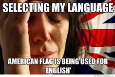 a woman holding her head in front of an american flag with the words selecting my language on it