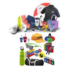 an assortment of items are displayed on a white background, including hats, sunglasses, and sports gear