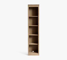 a tall bookcase with three shelves on one side and an open shelf on the other