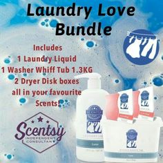 the laundry love bundle includes 1 laundry liquid, 1 washer whirt tub and 2 dryer disk boxes all in your favorite scents