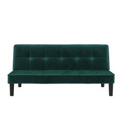 a green velvet couch with wooden legs