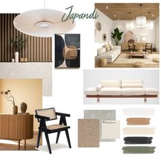 an interior design mood board with neutrals and greens