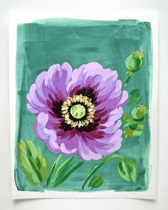 a painting of a purple flower on a green background