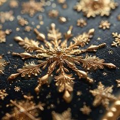 gold snowflakes on black leather with stars and sparkles in the background