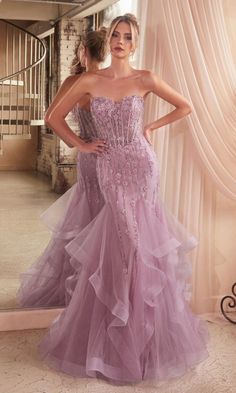 Create beautiful memories in this long strapless mermaid prom dress. With beaded floral designs from the sweetheart neckline to the knees, this fabulous long formal dress shimmers with every move at prom, galas, and other black-tie events. In misses and some plus sizes, this beautiful evening gown has a sheer beaded bodice that wraps around to the lace-up back, while the long skirt hugs the hips before ruffled tiers flow softly to the floor. Old Hollywood style meets modern trends when you slip Boning Corset, Paris Blue, Corset Boning, Cinderella Divine, Strapless Sweetheart Neckline, Beaded Tulle, Trumpet Skirt, Grad Dresses, Pageant Dress