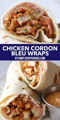 chicken cordon bleu wraps on a plate with dipping sauce