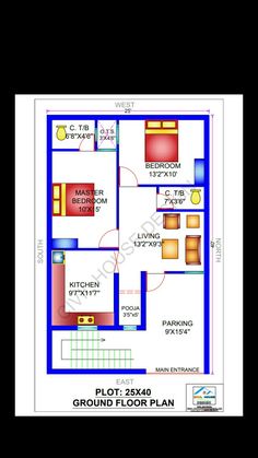 the floor plan for a house with three rooms and two bathrooms, including one bedroom