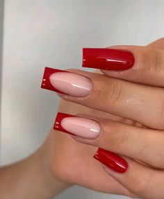 All Red Nails Acrylic, Natural Nails For School, Red Nails With French Tip, Nail Inspo Pics, French Red Nails, Red Nails French, Red French Nails, Red Nail Ideas, Red Tip Nails