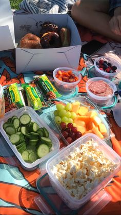 a table topped with lots of food on top of a blanket