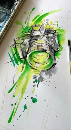 a drawing of a camera with green paint on it