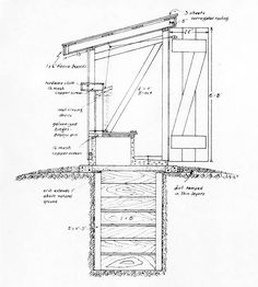 an architectural drawing of a wooden structure with details on the side and top section, including measurements