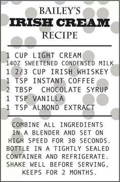 the ingredients for bailey's irish cream recipe are shown in black and white polka dots