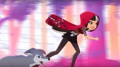 the animated character is running with an animal in front of him and another animal behind her