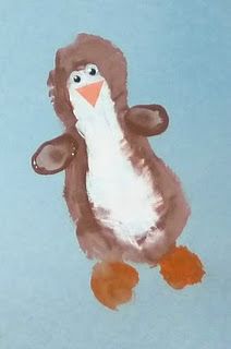 a painting of a brown and white penguin on a blue background with an orange nose