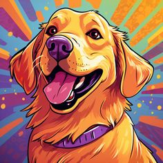 a golden retriever dog with his tongue out in front of an abstract background and sunbursts