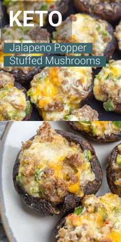 stuffed mushrooms with jalapeno popper toppings on a white plate and text overlay reads keto jalapeno poppero popper stuffed mushrooms