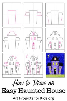 how to draw an easy halloween house for kids with pictures on the front and side