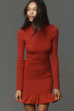 Cut from a ribbed knit, the Otto Dress flaunts long sleeves, a playful poplin flounce hem, and a fitted silhouette. | Otto Knit Mini Dress by Simon Miller in Red, Women's, Size: Large, Cotton/Nylon/Viscose at Anthropologie Christmas Attire, To Be A Woman, Simon Miller, Casual Day Dresses, Maxi Jersey Dress, Pleated Maxi Dress, Sweater Dress Women, Satin Midi Dress, Knit Mini Dress