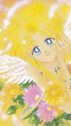 an angel with blue eyes and yellow wings holding a flower in front of her face