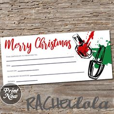 This is a nail polish Christmas holiday printable gift certificate template. It is perfect for nail salon gift certificates, direct sales gift vouchers, or gift cards. This is a PDF that prints with 2 sheets on one 8.5x11 inch piece of paper. Individual certificates are sized 9x4 inches and will fit in 4.125x9.5 envelopes. You may print at home or have them printed at your local photolab. Once payment is confirmed, you will receive an email with your download link (within 5 minutes after order) to your Etsy email address on file. You can also access the downloadable file(s) by logging into Etsy and clicking on 'Your Account', then 'Purchases'. OTHER NOTES: Watermark will not appear on your downloaded image. This is a high resolution 300 dpi instant downloadable digital image.  Output color Gift Certificate Ideas, Nail Polish Christmas, Certificate Ideas, Christmas Gift Certificate, Printable Gift Certificate, Polish Christmas, Salon Gifts, Johanna Basford Coloring Book, Gift Certificate Template