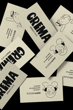 six business cards with cartoon animals and the words graphic america written in black on them