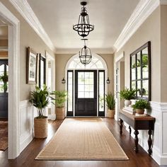 an entryway with potted plants and a rug on the floor in front of it