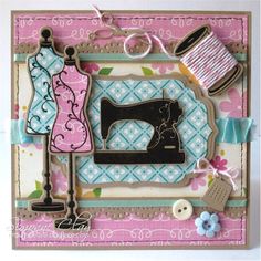 a handmade card with sewing supplies and thread on the front, including a sewing machine