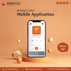 the mobile application is displayed on an orange background