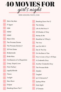 the top ten movies for girls'night are shown in pink and black with text overlay