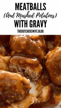 meatballs and mashed potatoes with gravy on a white plate in front of the caption