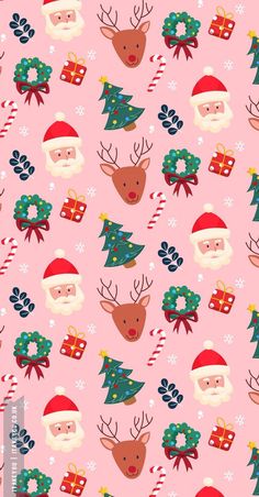 christmas wallpaper with santa claus, reindeers and candy canes on pink background