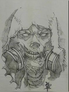 a drawing of a demon with headphones on his ears and mouth is drawn in pencil