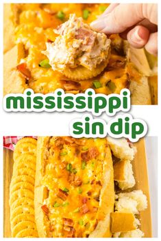 two pictures with the words mississippi in dip on them and an image of some food