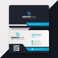 two business cards with blue and black accents on them, one is for design max