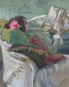 a painting of a woman laying in bed reading a book with a pink flower in her hair