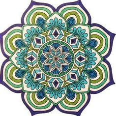 a drawing of a blue and green flower on a white background with an intricate design in the center