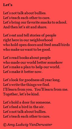 a poem written in red with the words let's not talk about bullies