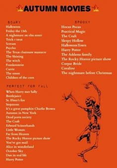 an orange poster with the words autumn movies written in black and white, on it